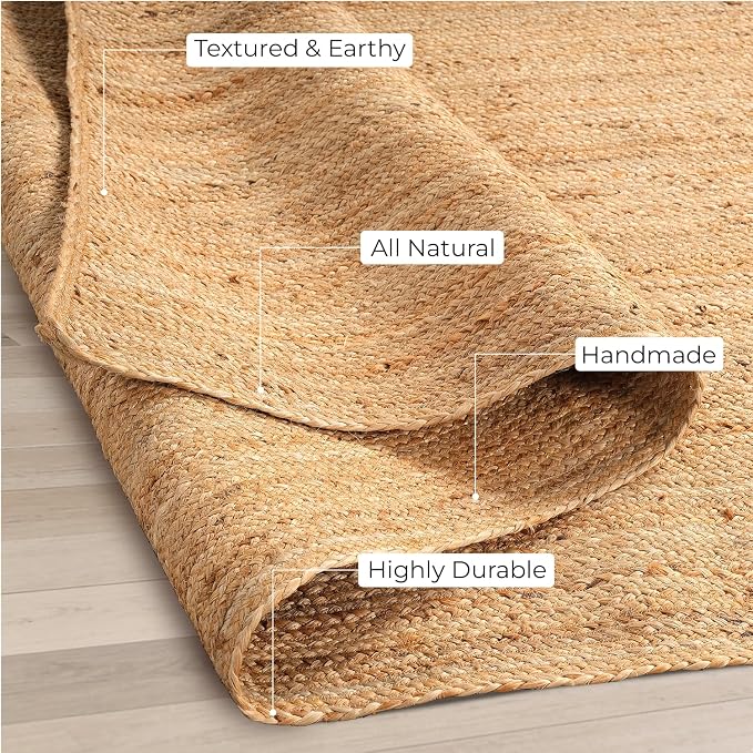 GRUHUM Jute Area Rug 8'x10'ft Natural Fiber Handwoven Solid Braided Farmhouse Rug Boho Reversible Durable Rustic Eco Friendly Large Carpet, Living Room Bedroom Dining Room Hallways Kitchen Entryway