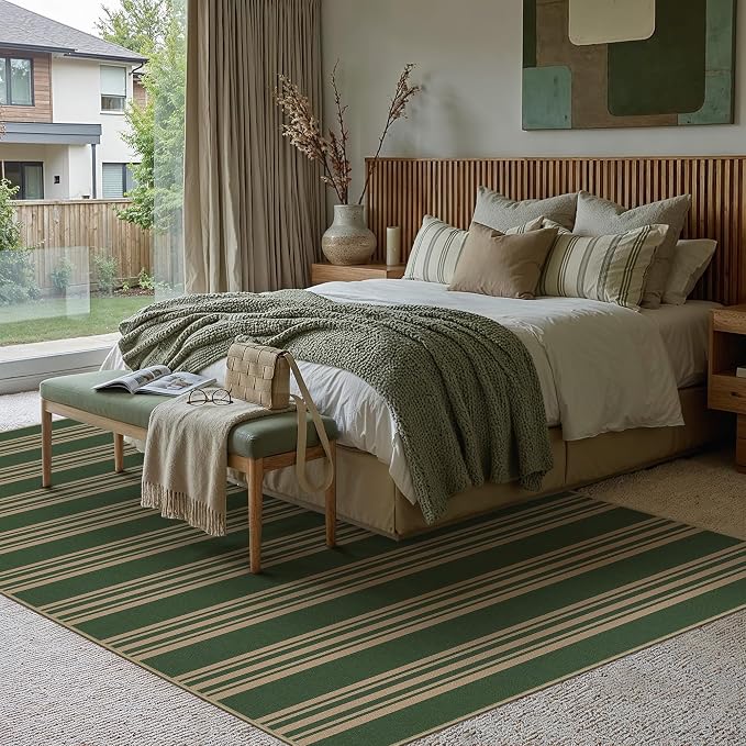 PureCozy Outdoor Rug 5x7 Washable Striped Jute Look Non Slip Carpet | Green and Tan Stripe Farmhouse Style, Indoor Outdoor Area Rugs for Patio, Living Room, Dining Room, Non Shedding, Neutral Rug