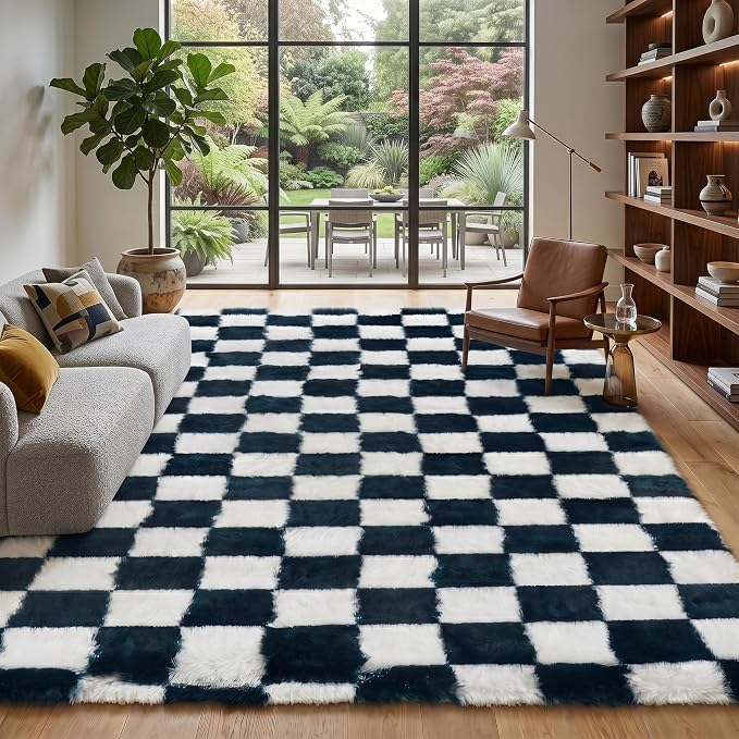 Garvee Checkered Rug 8x10 for Living Room, Modern Plush Shag Rug Washable Non-Slip Large Area Rug Super Soft Indoor Fuzzy Carpet Fluffy Rugs for Bedroom Home Aesthetic Decor,Blue-White