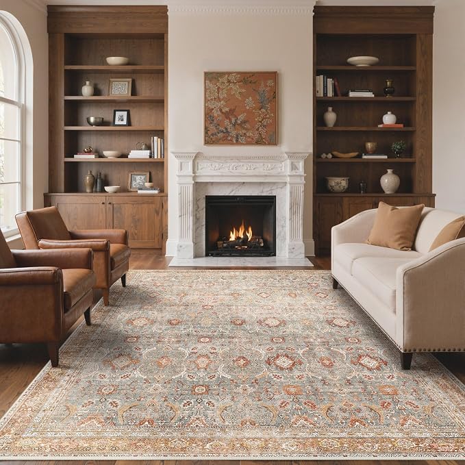 BESBLEE 5X7 Area Rugs Machine Washable Rugs for Living Room, Vintage Boho Large Rugs for Bedroom Dining Room, Non Slip Indoor Soft Distressed Lightweight Thin Low Pile Carpet, Orange