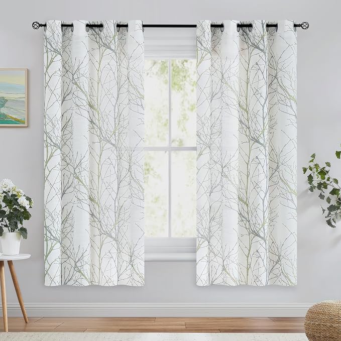 FMFUNCTEX Linen Sage Green White Semi Sheer Print Curtains 63 Inch 2 Panels | Branch Sheer Patterned Drapes, Light Filtering Grommet Panels for Bedroom, Living Room, Basement, Farmhouse Window Curtain
