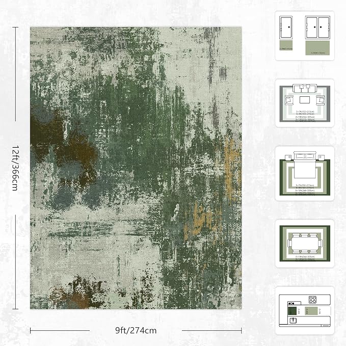 9x12 Rugs for Living Room - Modern Abstract Washable Rug, Ultra Soft Non Slip Low Pile Large Rugs, Floor Carpet for Bedroom Dining Room Office Laundry Nursery Home(Green)
