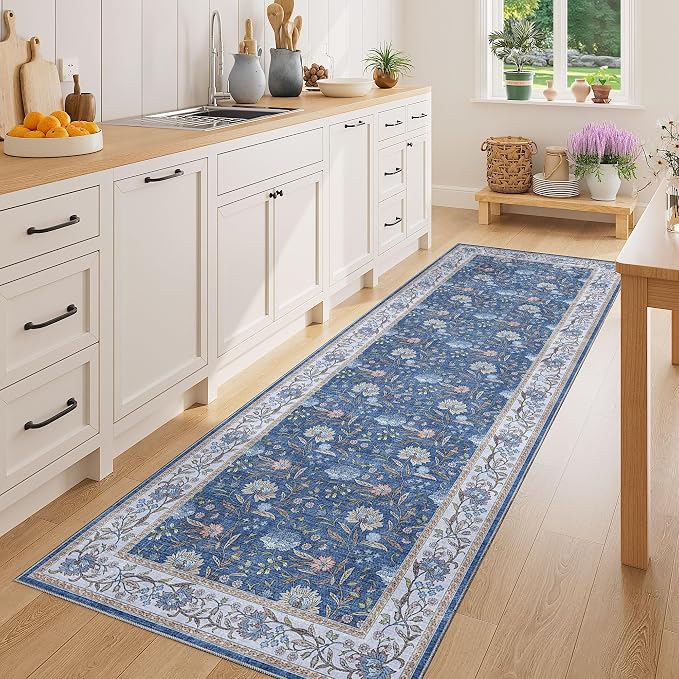 DUKINO 2.6x8 Runner Rug, Washable Vintage Floral Kitchen Runners, Sky Blue | Non Slip, Low Pile, Non-Shedding Soft Carpet for Hallway Bathroom Laundry Entryway Bedroom Farmhouse, Kids and Pets Friendly