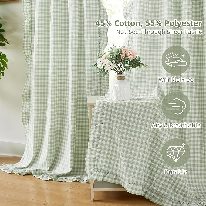 ZJDECOR Farmhouse Sage Green Buffalo Plaid Ruffled Window Curtains 72 Inch | Crinkle Not-See-Through Sheer Drapes,Cotton Blended Drapes,Window Treatment,Bedroom Living Room,Rod Pocket,40"Wx72"Lx2