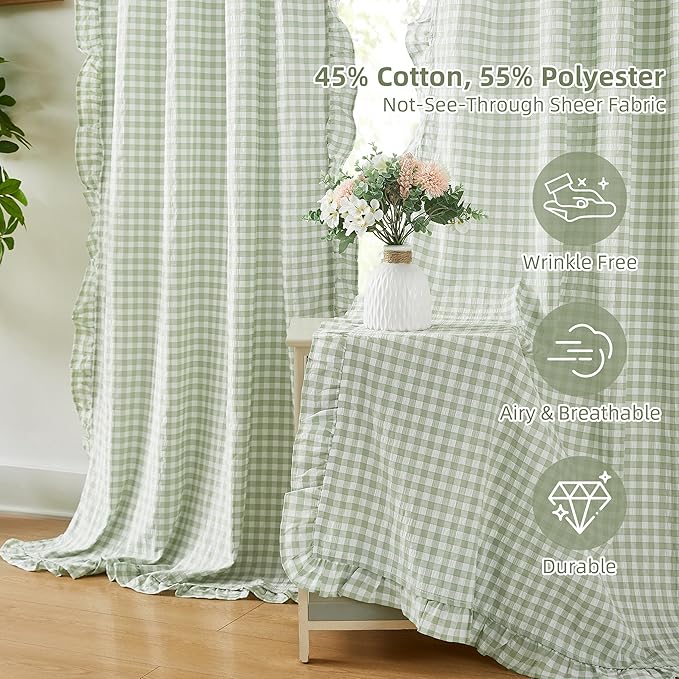 ZJDECOR Sage Green Buffalo Plaid Ruffled Window Curtains 84 Inches Length | Rustic Not-See-Through Sheer Curtains,Shabby Chic Window Treatment,Bedroom Living Room,Rod Pocket,40"Wx84"L,Pack of 2
