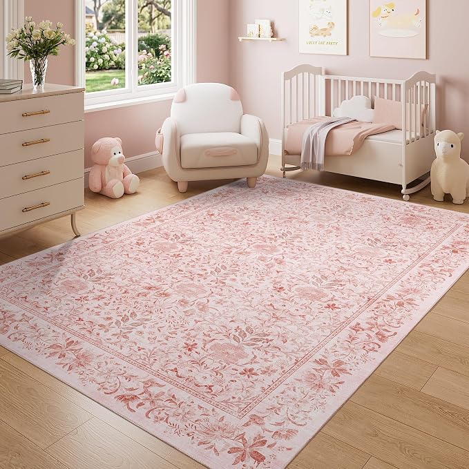 DUKINO 5x7 Area Rugs, Vintage Floral Washable Rug for Living Room, Pink | Non Slip, Low Pile, Soft, Lightweight, Boho Indoor Carpet for Bedroom, Office, Dining Room, Dorm Room, Farmhouse, Home Decor