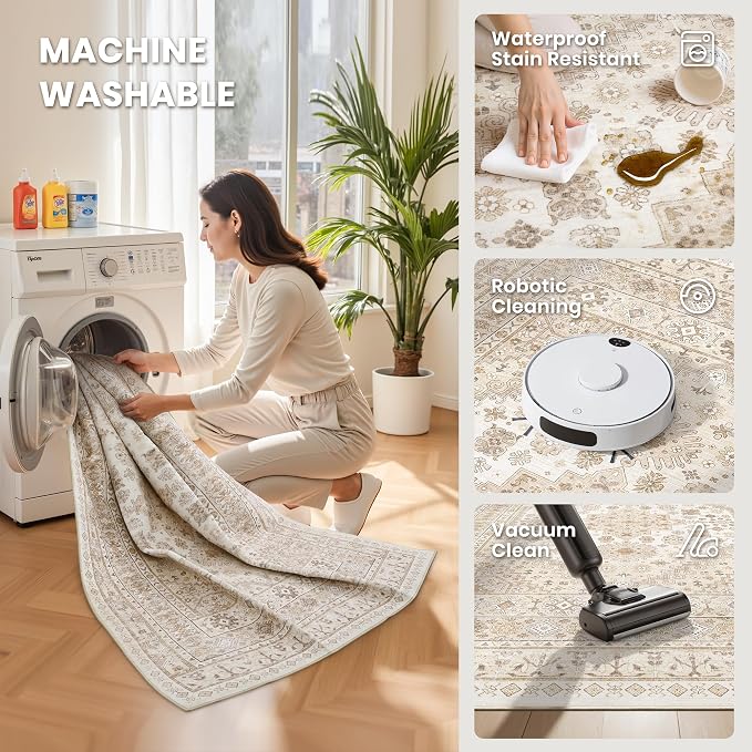 zesthome 9x12 Area Rugs,Stain Resistant Washable Rug,Ultra-Thin Rugs for Living Room,Bedroom,Non-Slip Backing Home Decor Large Area Rug (Cream/Beige,9'x12')