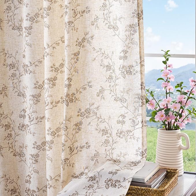 jinchan Taupe Floral Linen Curtains 63 Inch Flower Drapes Back Tab 2 Panels | Taupe on beige, light filtering, farmhouse, country, rustic, bedroom, living room, kitchen, window treatment, home decor