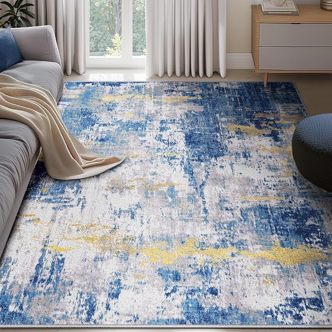 RELEANY Washable Area Rugs 5'x7' Non-Slip Modern Abstract Soft for Living Room Entryway Bedroom Kitchen, Print Pattern, Grey Blue Gold/Golden