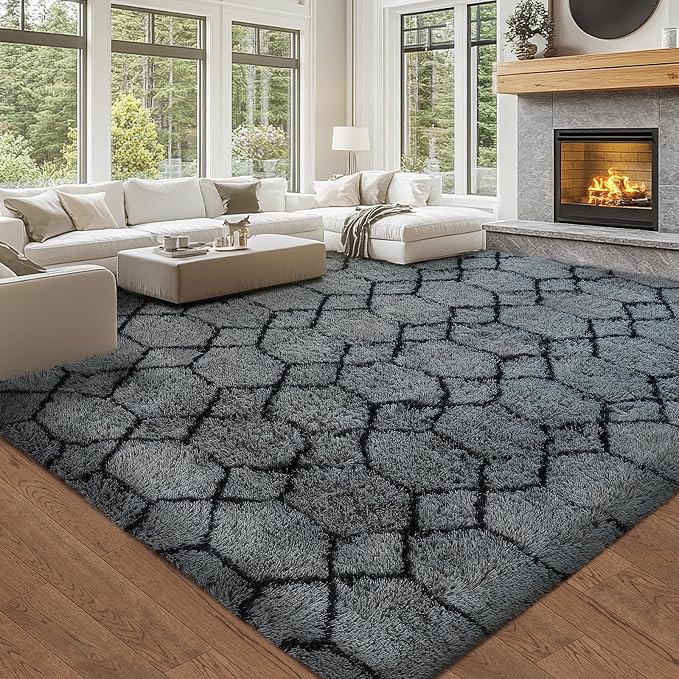 8x10 Area Rugs for Living Room: Grey and Black Fluffy Bedroom Rug- 8x10 Feet Geometric Large Soft Plush Shaggy Rug- Fuzzy Shag Floor Carpet for Living Room, Nursery Kids Room, Dorm Home Decor