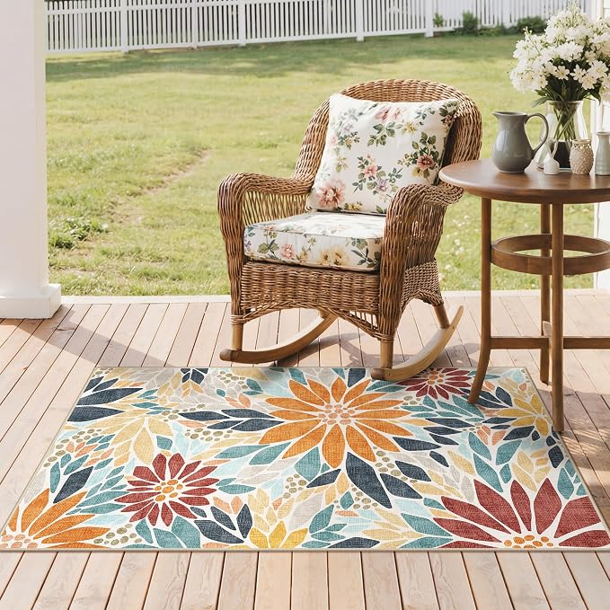 GENIMO 3x5 Outdoor Rug, Washable for Porch and Balcony, Rust Blue | Floral design for entryway; fade resistant chenille with quick-dry non-slip backing for indoor mudroom