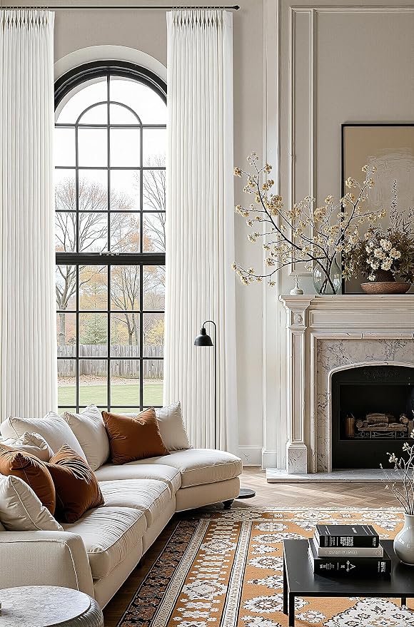 Extra Long Pinch Pleated Linen Curtains 132 Inches Long for Living Room Large Windows 2 Panels Set Natural Cream Beige Ivory Light Filtering Pinch Pleat Curtain Back Tab with Hooks Clip Rings Set