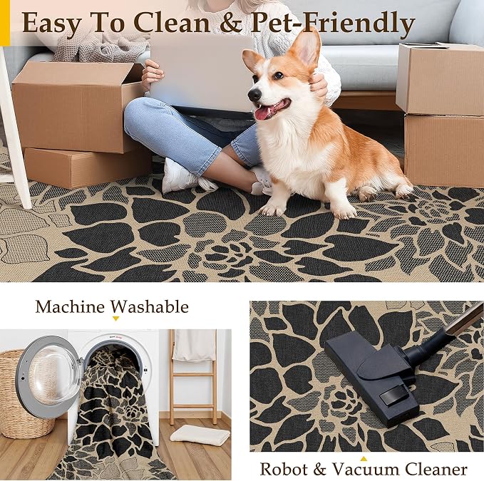 PureCozy 6x9 Easy Jute Outdoor Rug Black Floral Textured Indoor Outdoor Area Rug Farmhouse Patio Carpet for Backyard, Patio, Porch, Easy-Cleaning, High Traffic, Pet-Friendly, Non-Shedding