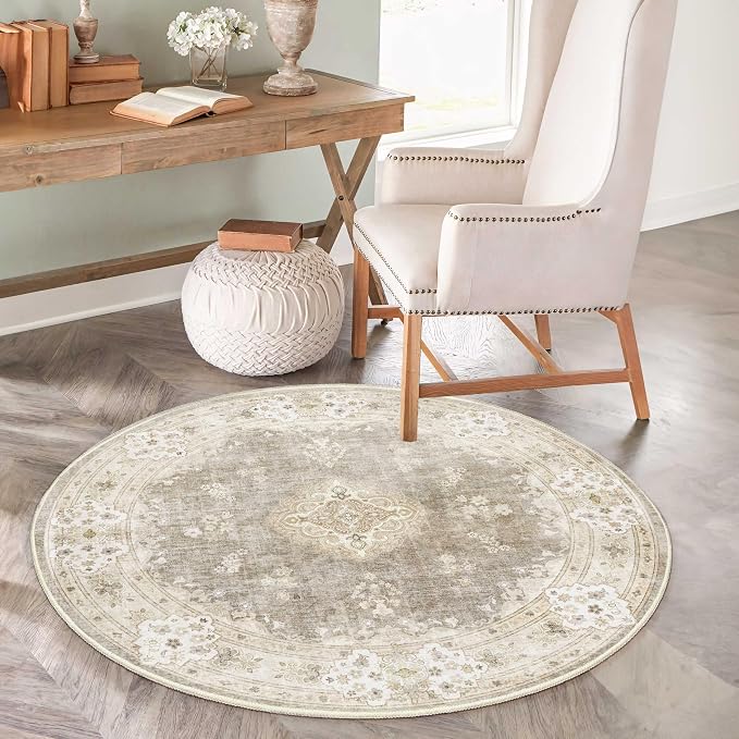 MUJOO Beige Round Rug 4ft Small Circle Washable Area Rug Non Slip Floral | Circular Rugs for Bedroom Living Room Entryway Bathroom Bedroom Boho Throw Carpet Soft Low Pile Indoor Vintage Flowers