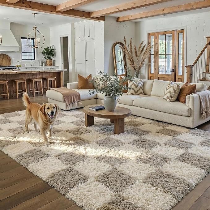 PureCozy Checkered Rug 7x10 for Living Room, Modern Grey Shag Rug Washable Non-Slip Large Area Rug Super Soft Indoor Fuzzy Carpet Fluffy Rugs for Bedroom Home Aesthetic Decor