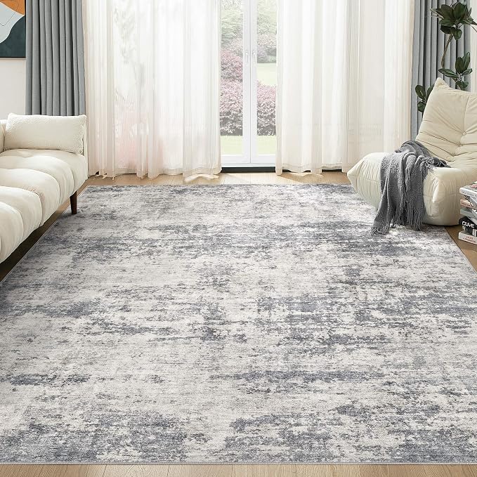 Abstract 10x12 Area Rug: Machine Washable Non Slip Ultra Thin Low-Pile Carpet, Soft Stain Resistant for Living Dining Room Bedroom, Kid Pet Friendly, Robot Vacuum Compatible - Beige Dark Grey