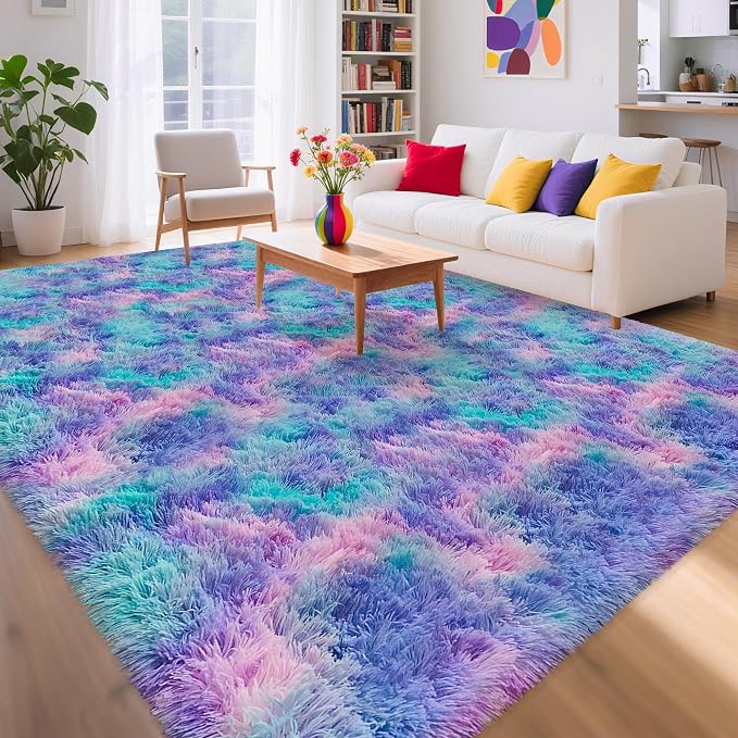 Purple Rainbow Fluffy Soft Area Rug 8x10 ft Plush Furry Rugs for Girls Bedroom Kawaii Shaggy Rug for Living Room Fuzzy Nursery Rug for Baby Toddler's Room Cute Colorful Room Decor for Kids