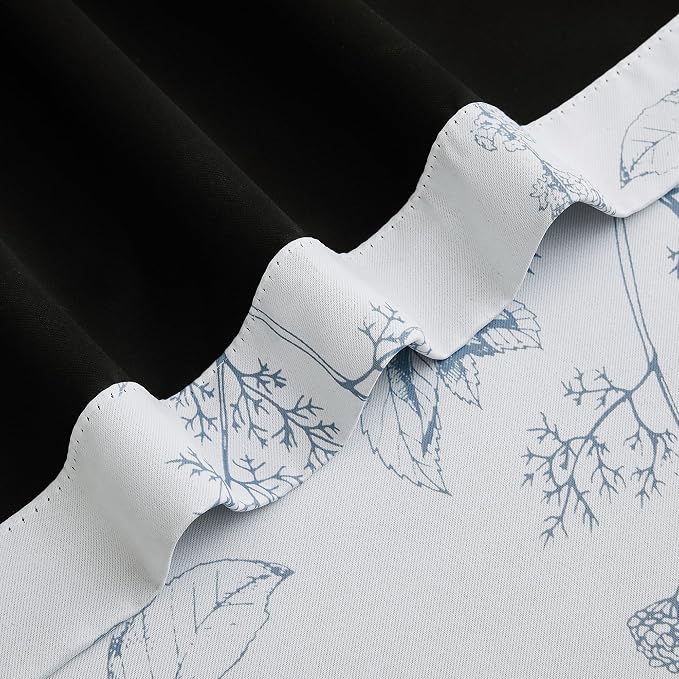 FMFUNCTEX 100% Blackout Blue Floral Curtains 96 Inch Back Tab 2 Panels | Black Out Drapes, Thermal Insulated Cottage Farmhouse, Lichi Patterned Extra Long Curtain for Bedroom, Living Room Darkening