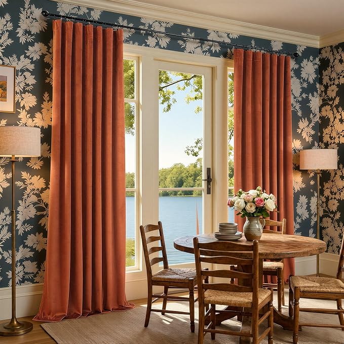 Terracotta Velvet Curtains 84 Inch Length 2 Panels Set Back Tab Luxury Boho Blackout Curtain for Living Room Bedroom Thermal Insulated Soft Window Drapes Brick Rust Orange Bohemian Fall Decor 7FT Long