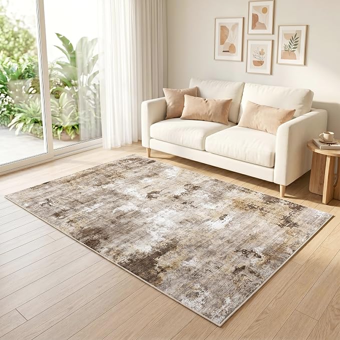 Stain Resistant Modern Abstract Area Rug, Distressed Faux Wool, 0.3" Low Pile, Non-Slip Cotton-Backed with Silicone Backing, for Kitchen Bedroom Laundry Room, 3'x5', Neutral Taupe