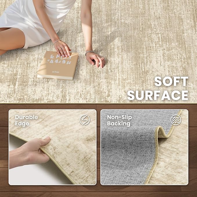 zesthome 4x6 Washable Area Rugs for Living Room, Neutral Abstract Rug Brown | Machine Washable,Non-Slip Backing,Stain Resistant Rugs for Bedroom, Dining Room, Home Office, Ultra-Thin Low Pile Rug