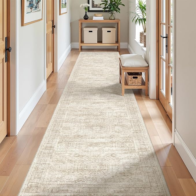 2x10 Runner Rug Non Slip,Washable Hallway Runner Rug,Beige | Long Neutral Rugs for Kitchen,Entryway,Bedroom,Bathroom,Laundry Room,Thin,Soft Runner Rug,Stain Resistant Indoor Carpet