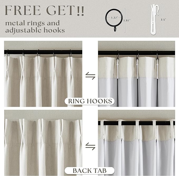 Natural Pinch Pleat 100% Blackout Linen 102 Inch Long Curtains 60 Inch Wide | 2 Layers Design, Thermal Insulated Black Out, Cream Ivory, Extra Wide Curtains for Sliding Door Living Room Bedroom 1 Panel