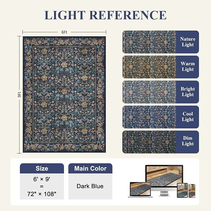DUKINO 6x9 Area Rug, Vintage Floral Washable Rugs for Living Room Dark Blue | Non Slip, Low Pile, Non-Shedding, Soft Indoor Large Carpet for Bedroom, Office, Dining Room, Farmhouse, Nursery, Home Decor
