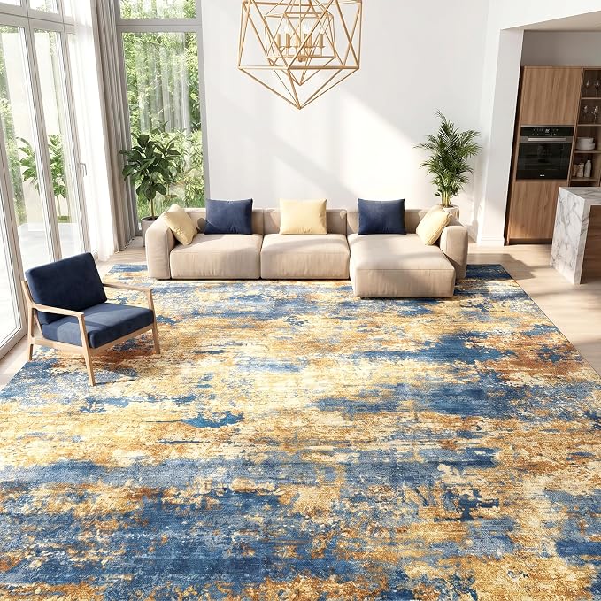 Extra Large Washable Area Rug for Living Room, 9'x12', Navy & Gold | 0.3" Low Pile, Abstract Carpet, Cotton-Backed Non-Slip Silicone Backing, Pet Friendly, Water & Stain Resistant