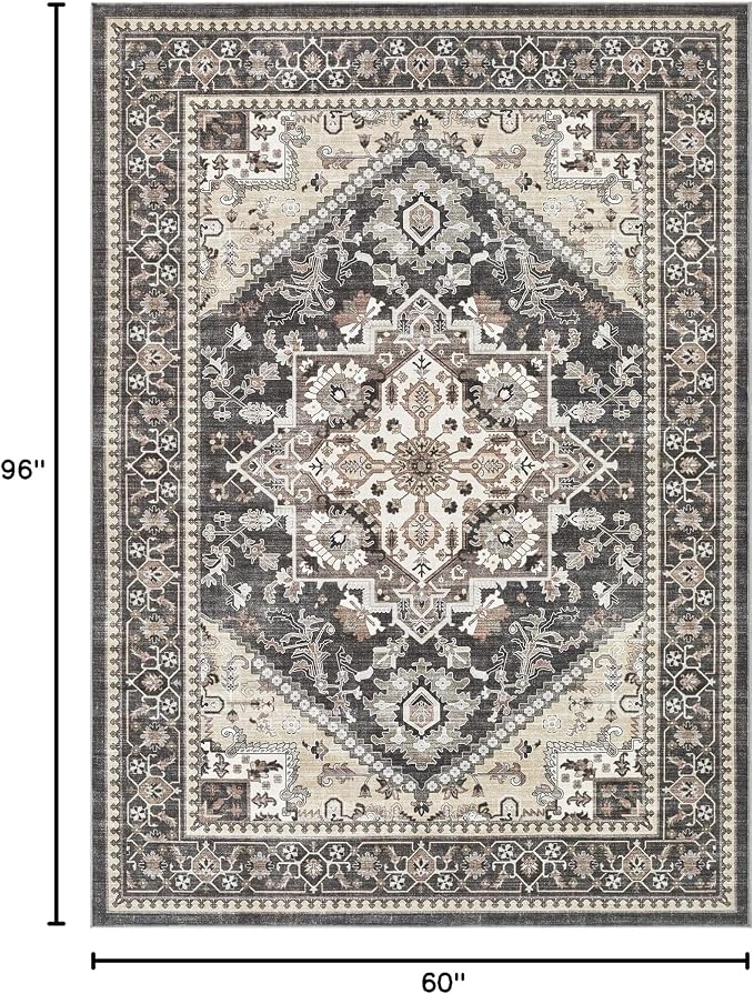 5x8 Vintage Area Rug: Washable Neutral Soft Non Slip Thin Large Floor Carpet for Living Room Bedroom Kitchen Dining Room Home Office Farmhouse Indoor - Black