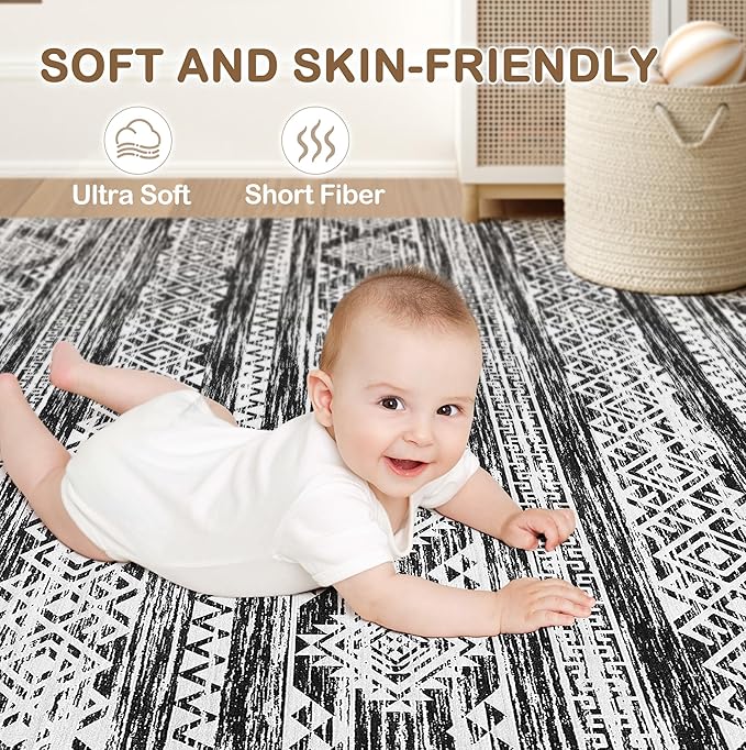 Tortania Area Rug Living Room Rugs - 6x9 Washable Large Soft Neutral Boho Moroccan Bohemian Farmhouse Rug Indoor Floor Carpet for Bedroom Under Dining Table Home Office Decor - Black White