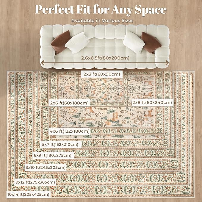 Living Room Rugs 9x12: Washable Boho Rug Farmhouse Non Slip Stain Resistant Large Rug Low Pile Soft Carpet for Bedroom Dining Room Children Room (Cream Animal,9'x12')