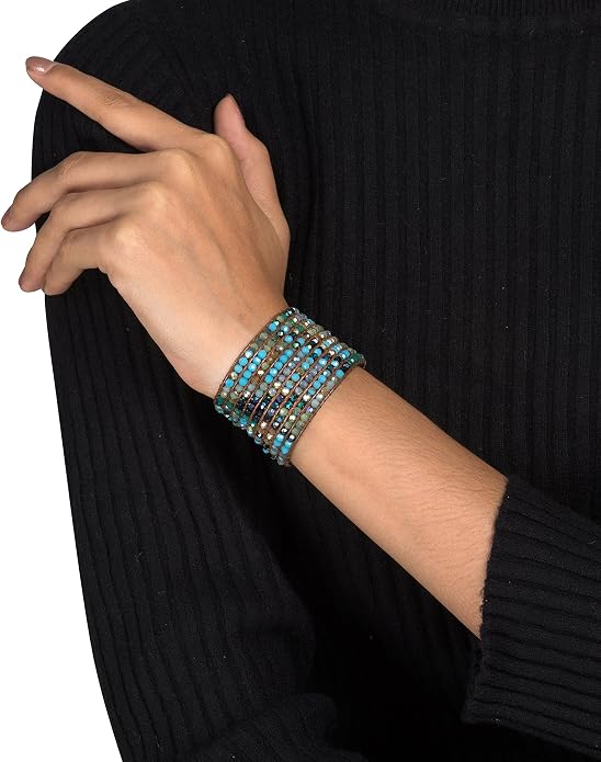 Joob Joob Handmade Boho Bracelets For Women - Colorful Crystal Beaded Bracelets - Easy Adjustable Leather Cuff Bracelet with Slider Opening