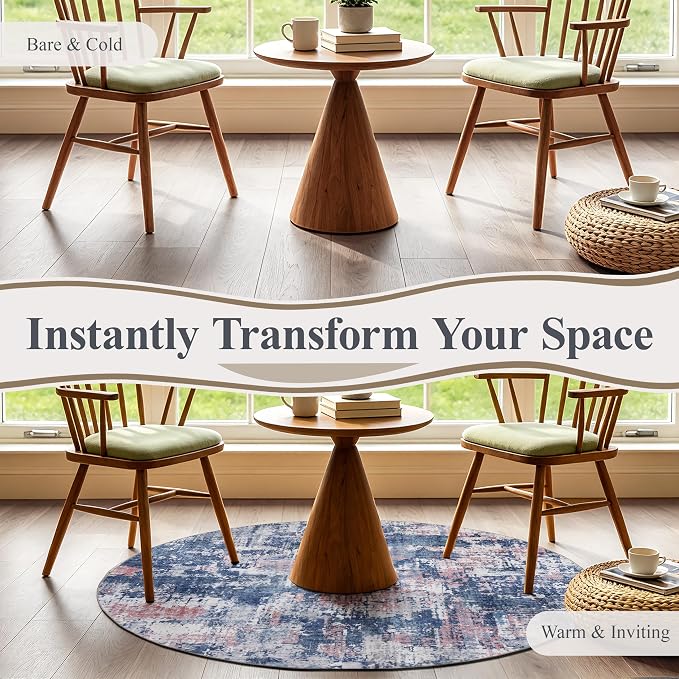 Sasttie 8ft Soft Round Area Rug, Modern Abstract Washable Large Circle Carpet for Living Room, Bedroom, Dining Room Table, with Non-Slip Backing, Pink and Blue
