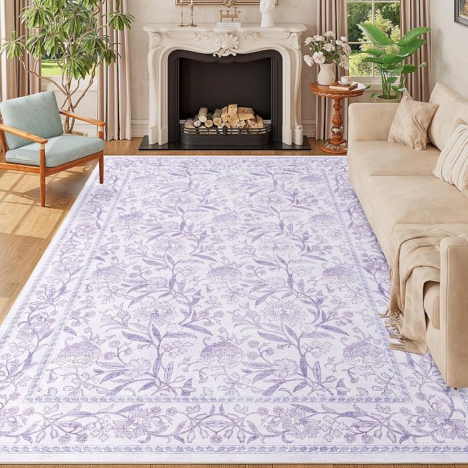 DUKINO 6x9 Area Rug, Vintage Floral Washable Rugs for Living Room, Purple | Non Slip, Low Pile, Non-Shedding, Stain Resistant Soft Large Carpet for Bedroom Home Office Dining Room Farmhouse, Home Decor