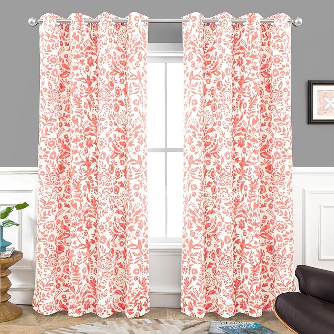 DriftAway Julia Blackout Curtains Grommet 2 Panels, W52xL84, Blush | Floral Curtains, Bedroom, Living Room, Room Darking, Watercolor Pattern, 2 Layers, Thermal Insulated, Window Treatment