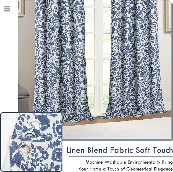 DriftAway Julia 100% Blackout Curtains Grommet 2 Panels, W52xL96, Navy | Floral Curtains, Bedroom, Living Room, Linen Blend, Watercolor Pattern, 2 Layers, Thermal Insulated, Window Treatment