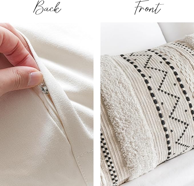 BlissBlush 20X54 Oversized Large Lumbar Pillow Cover for Bed, Rectangular Long Decorative Throw Pillowcase, Cotton Boho Accent Cushion with Black Tufted Pattern and Tassels, Cream Neutral (Cover Only)