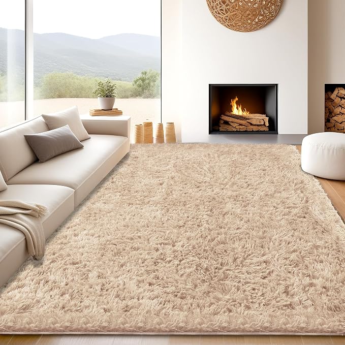 8x10 Beige Fluffy Shag Area Rugs for Living Room Bedroom Nursery | Ultra Soft Comfy, Large Fuzzy Shaggy Plush Carpet for Kids Boys Girls Teen Dorm, Modern Indoor Home Decor, Upgrade Non-Slip