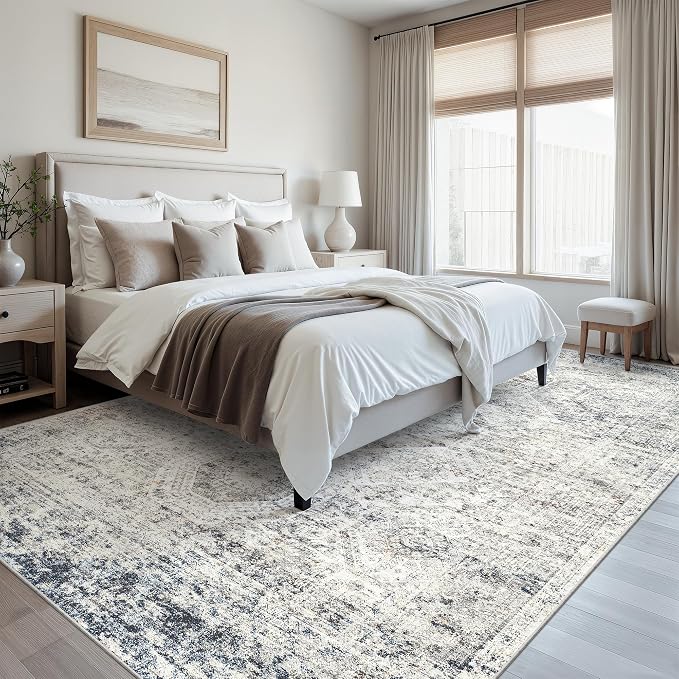 Soalmost Washable Area Rug 8x10, Large Soft Rugs for Living Room Vintage 8x10 Area Rugs for Bedroom Dining Room Non-Slip Stain Resistant Under Table Blue Ivory Rug