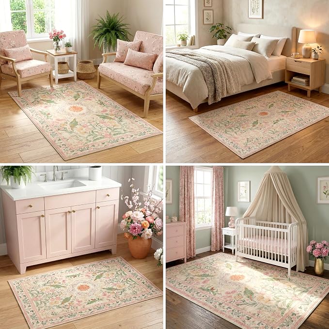 3'x5' Garden Botanical Bird Rug, Washable 0.3 Inch Cushioned Low Pile Carpet with Cotton Non Slip Backing, for Bedroom Bedside Nursery Laundry Room Entryway, Cream/Pink/Sage