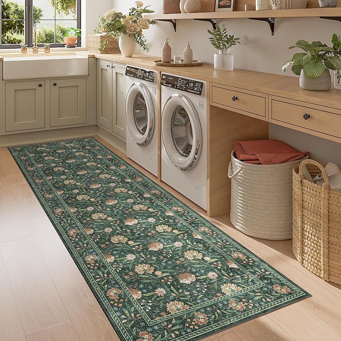 DUKINO 2x6 Runner Rug, Washable Vintage Floral Kitchen Rug, Green | Non Slip, Low Pile, Non-Shedding, Stain Resistant Soft Carpet Runner for Hallway Bathroom Entryway Bedroom Laundry Farmhouse