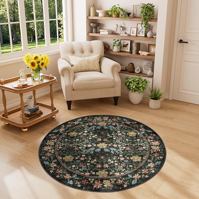DUKINO 4ft Round Rug, Washable Vintage Floral Area Rug for Bedroom, Black | Non Slip Low Pile Stain Resistant, Aesthetic Lightweight Soft Small Circle Carpet for Living Room Kitchen Entryway Farmhouse