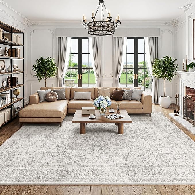 FMFUNCTEX 6x9 Washable Area Rug Grey Vintage Neutral Distressed Oriental Large Non Slip Carpet for Living Room Bedroom Soft Low Pile Indoor Gray Retro Throw Rug for Dining Room Kitchen Office Nursery