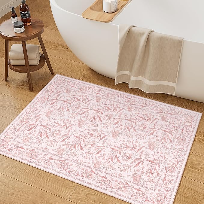 DUKINO 2x3 Rug, Washable Vintage Floral Bathroom Rugs Non Slip, Light Pink | Low Pile, Stain Resistant Boho Soft Indoor Door Mat, Small Front Door Carpet for Entryway Kitchen Laundry Bedroom Farmhouse