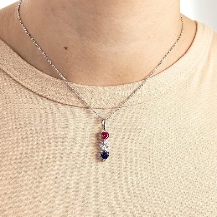 Silver Smile Sterling Silver 3 Birthstone Pendant for Women – Lab-Grown Ruby, White & Blue Gemstones – Hypoallergenic & Tarnish Resistant – 925 Rhodium-Plated Pendant – Elegant Patriotic Gift for Her