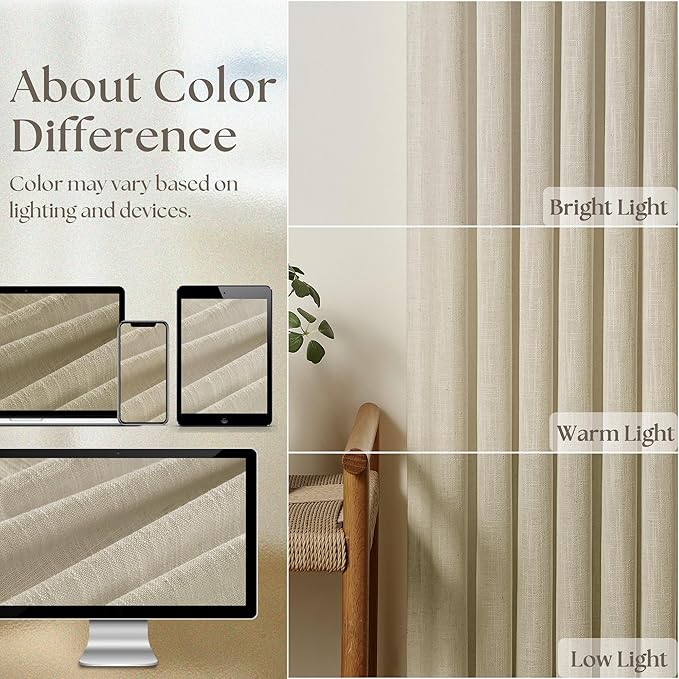 TWODRAPES Beige Linen Curtains 96 Inches Long Pinch Pleated 2 Panels Living Room Bedroom Memory Trained Semi Sheer Neutral Flax Pinch Pleat Drapes with Hooks Rings Light Filtering Window Curtain 40x96