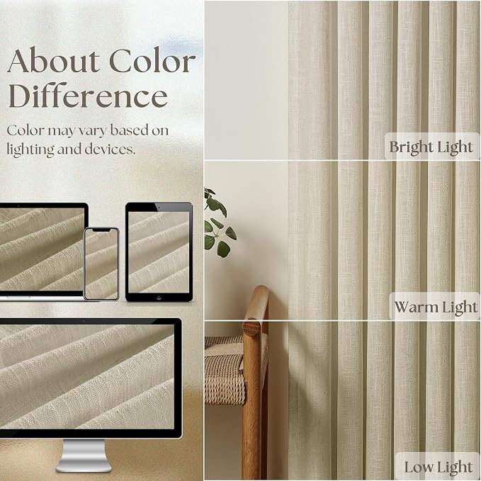 TWODRAPES Neutral Linen Pinch Pleated Curtains Long 2 Panels Living Room Bedroom Memory Training Shaped Semi Sheer Beige Oatmeal Pleat Drapes with Hooks Rings Light Filtering Window Curtain 40x84
