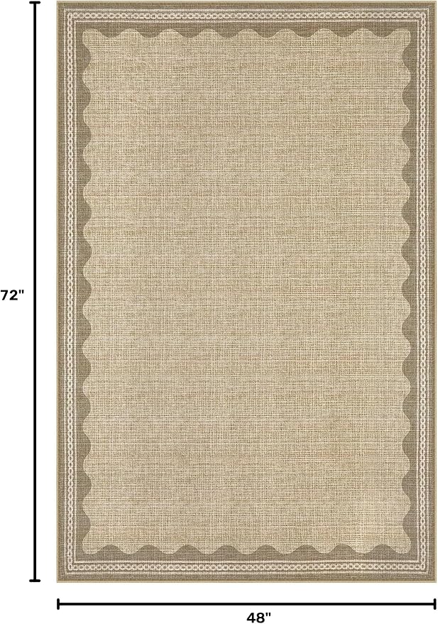 GarveeHome Scalloped 4 x 6 Rug Non-Slip Washable Low-Pile Carpet - Solid Tan Jute Digital Printing Modern Rugs for Bedroom Living Room Nursery Kitchen Indoor Mat with Rubber Back