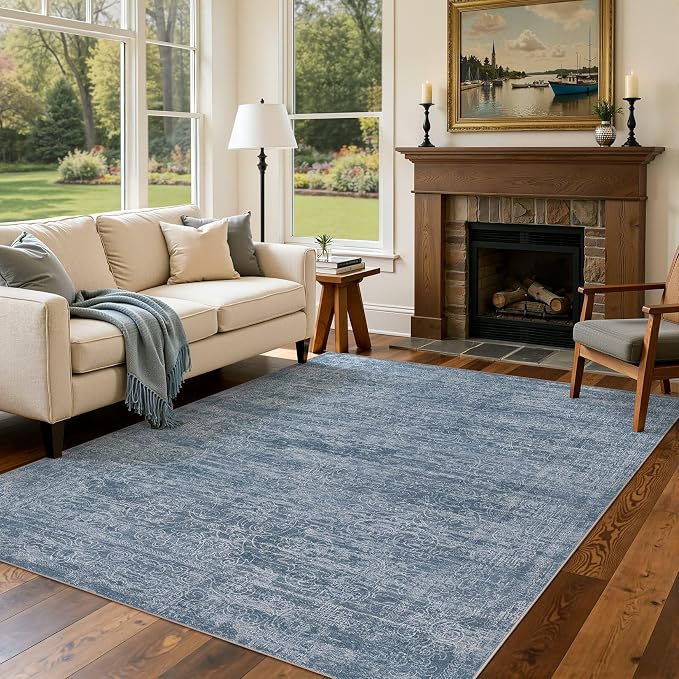DMOYEST Area Rug Living Room Rugs - 5x7 Large Soft Indoor Neutral Modern Abstract Low Pile Washable Rug Carpet for Bedroom Dining Room Farmhouse Home Office - Dark Blue